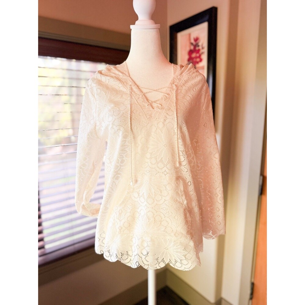 American Rag Cream Lace Hooded Pullover Large Boho Large